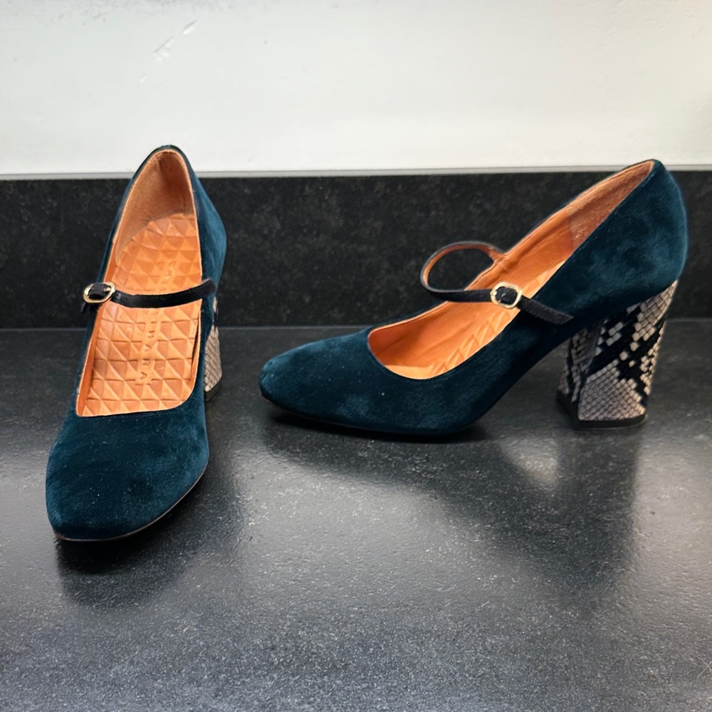 Chie Mihara Dark Teal Velvet and snakeskin Mary Jane Heels